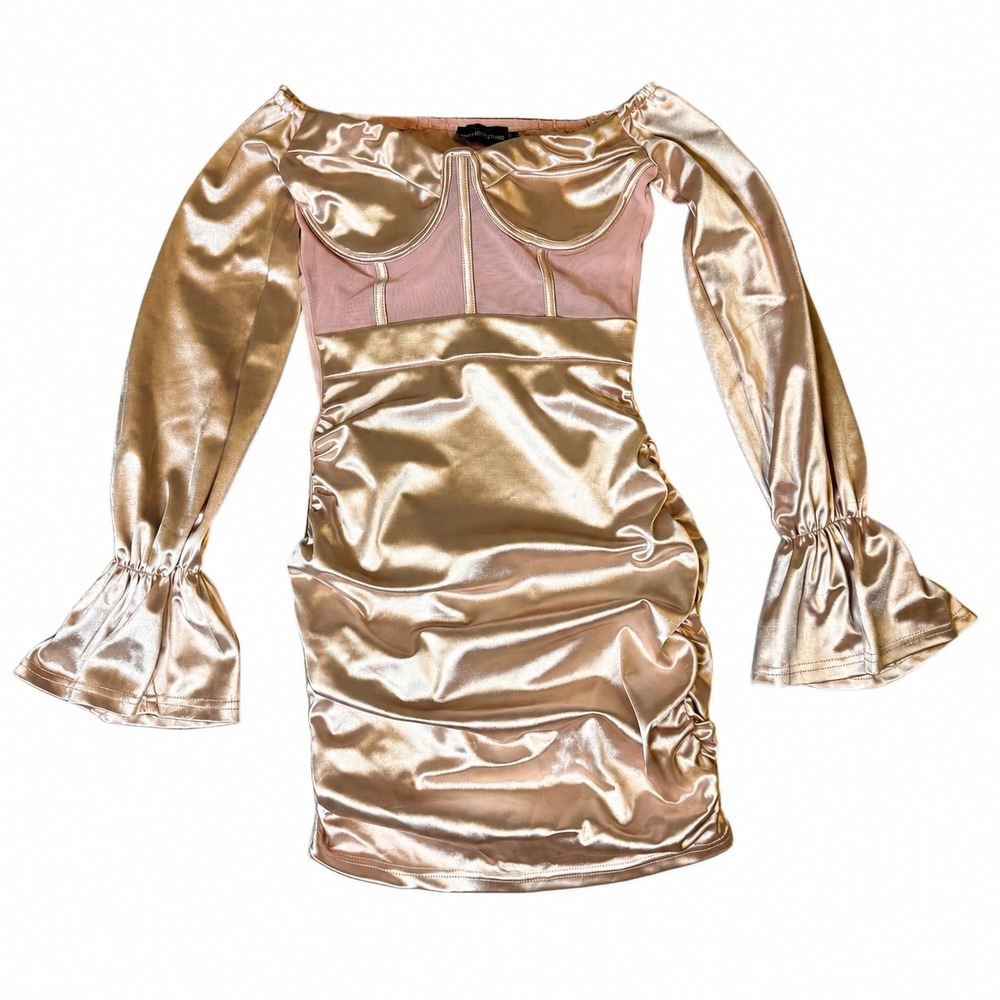 PrettyLittleThing | Corset Mesh Ruched Mini Dress | Rose Gold | Size 0